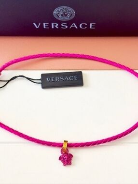 VERSACE Hot Pink Leather Medusa Charm Necklace 💕